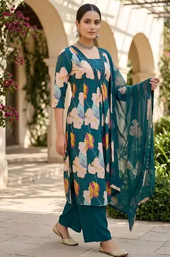 Teal blue floral printed anarkali kurta set for women