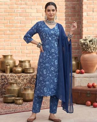 Floral printed cotton straight kurta set for women 1