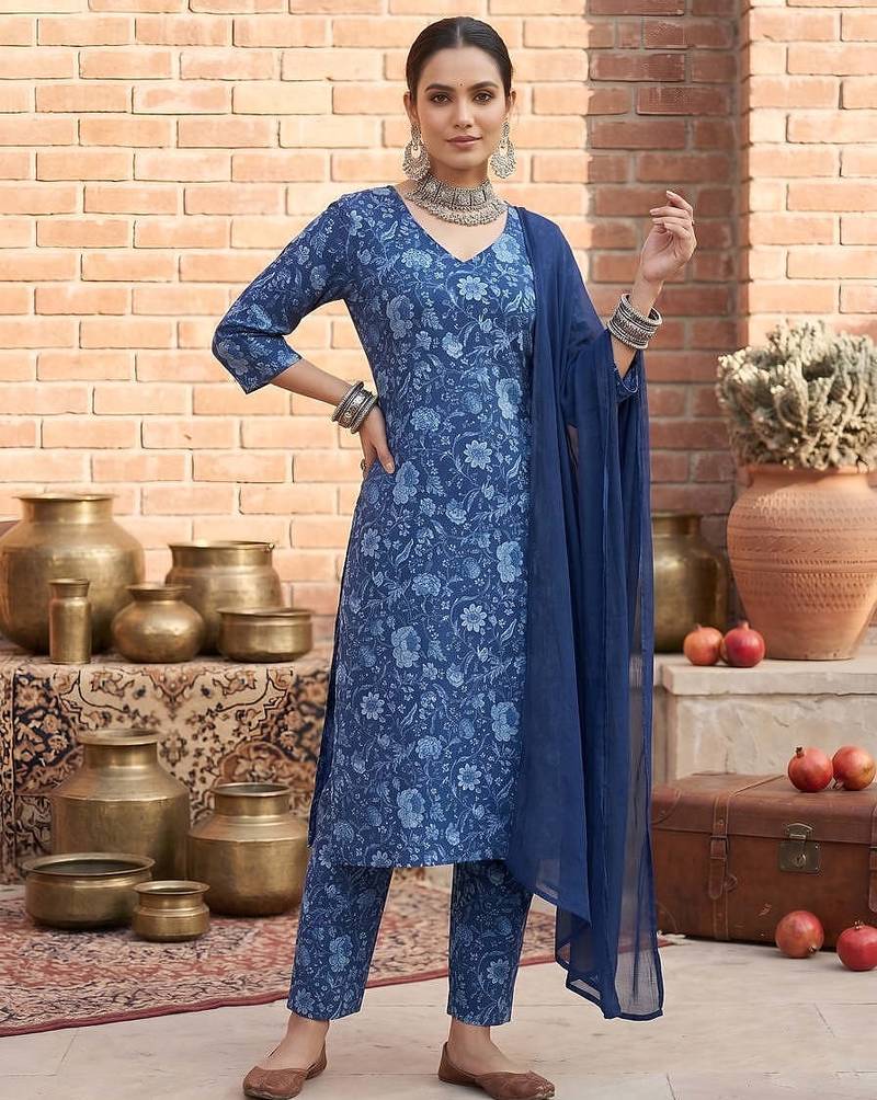 Floral printed cotton straight kurta set for women