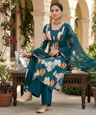 Teal blue floral printed anarkali kurta set for women 4