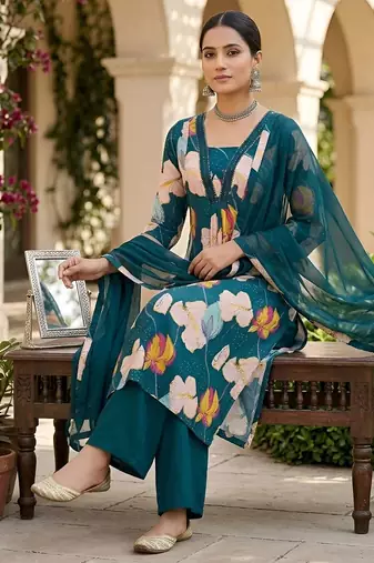 Teal blue floral printed anarkali kurta set for women