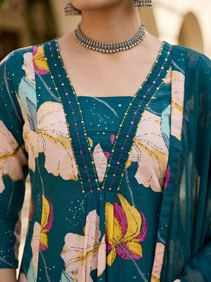 Teal blue floral printed anarkali kurta set for women 5