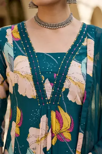Teal blue floral printed anarkali kurta set for women