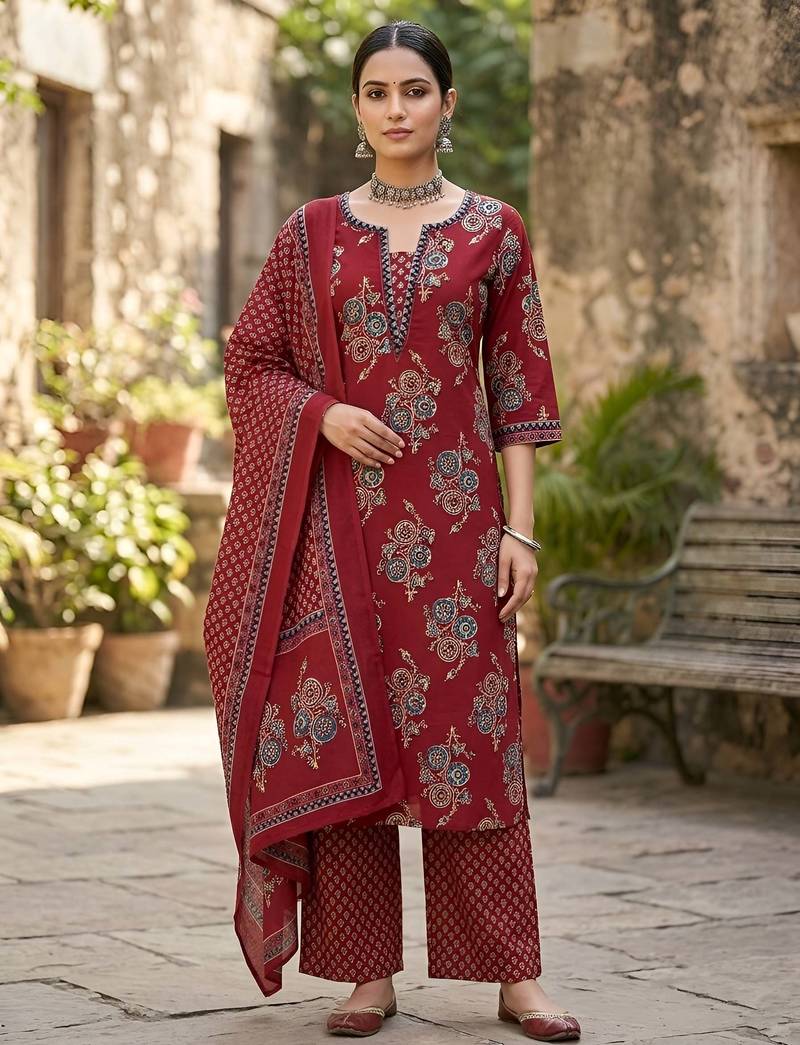 Maroon floral printed straight kurta set for women
