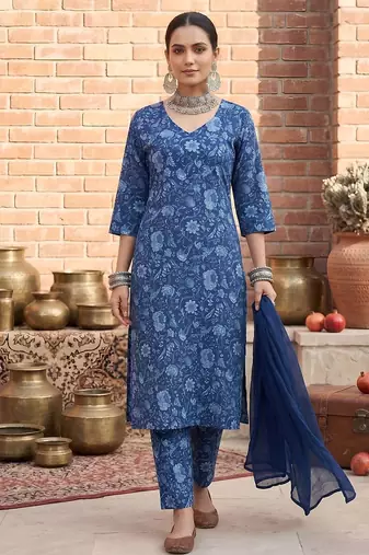 Floral printed cotton straight kurta set for women