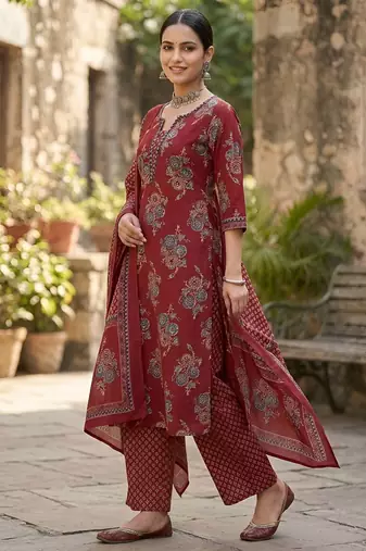 Maroon floral printed straight kurta set for women