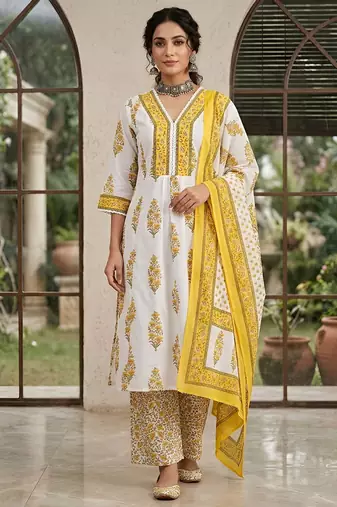 White floral printed anarkali kurta set for women