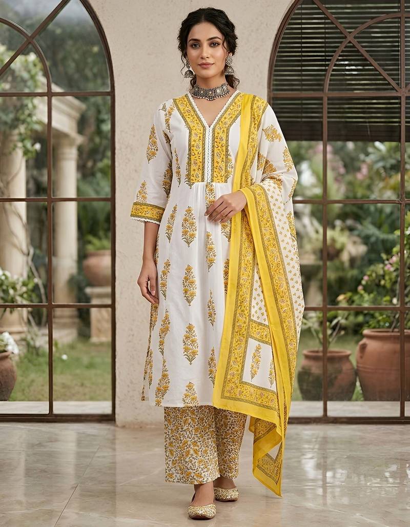 White floral printed anarkali kurta set for women