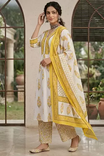 White floral printed anarkali kurta set for women
