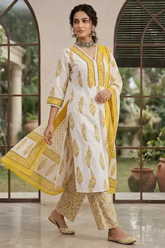 White floral printed anarkali kurta set for women