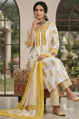 White floral printed anarkali kurta set for women