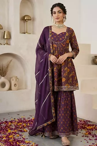 Purple floral printed peplum kurta set for women
