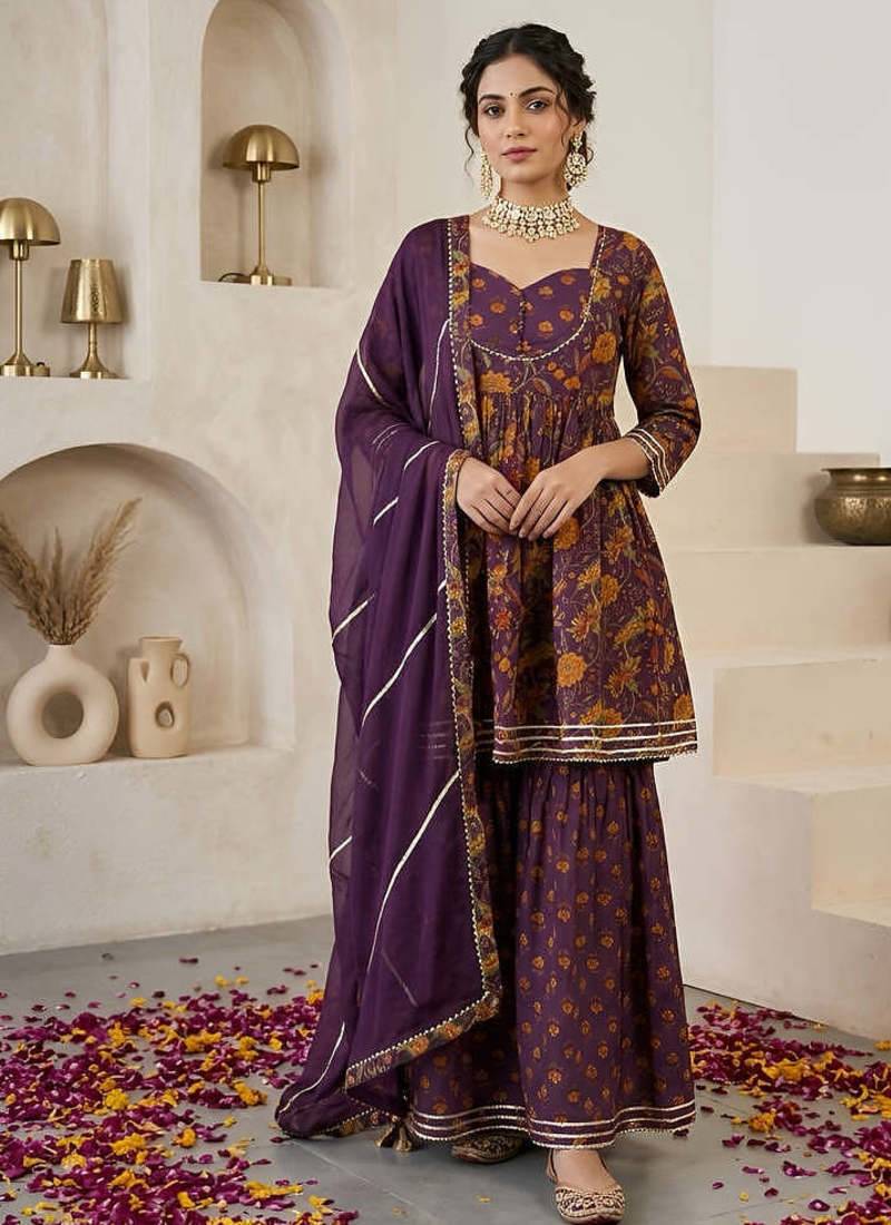 Purple floral printed peplum kurta set for women
