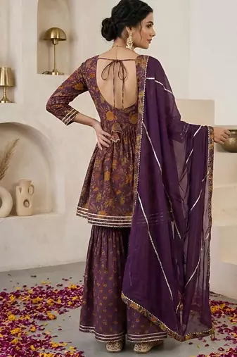 Purple floral printed peplum kurta set for women