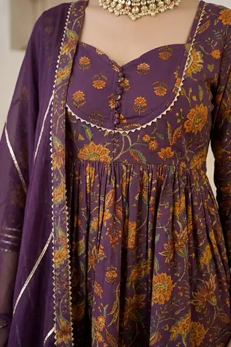 Purple floral printed peplum kurta set for women