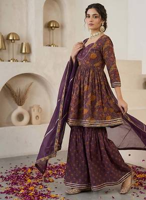 Purple floral printed peplum kurta set for women 4