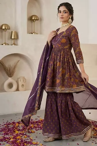 Purple floral printed peplum kurta set for women