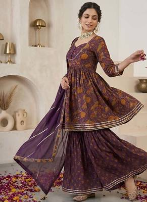 Purple floral printed peplum kurta set for women 5