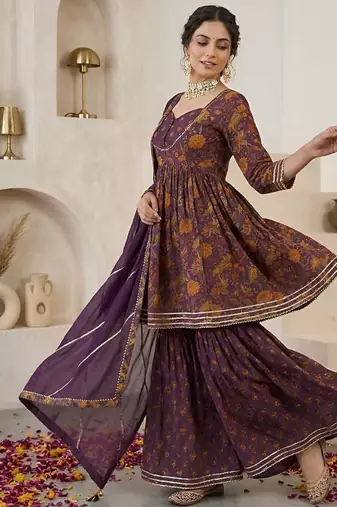Purple floral printed peplum kurta set for women