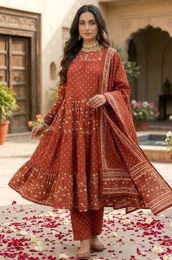 Rust floral printed anarkali kurta set for women