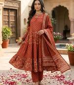 Rust floral printed anarkali kurta set for women