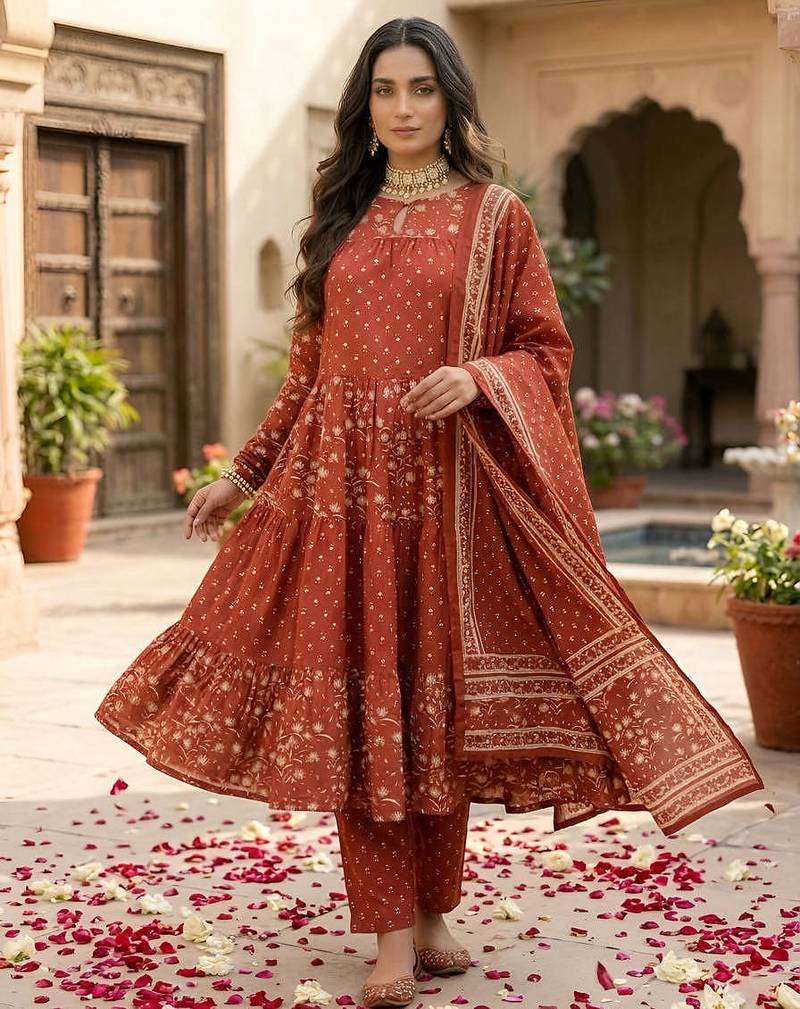 Rust floral printed anarkali kurta set for women