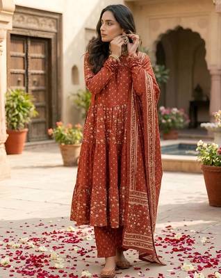 Rust floral printed anarkali kurta set for women 2