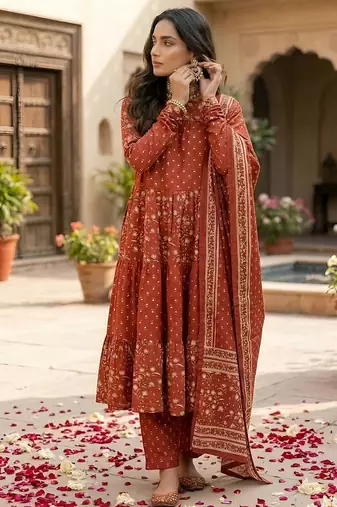 Rust floral printed anarkali kurta set for women
