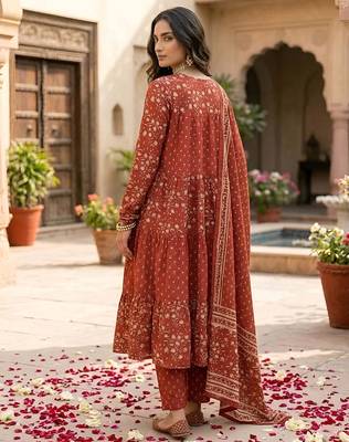 Rust floral printed anarkali kurta set for women 3