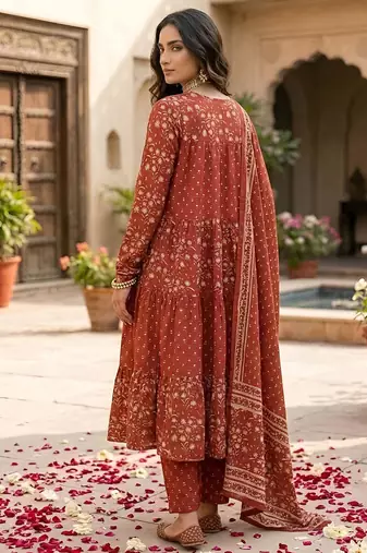 Rust floral printed anarkali kurta set for women