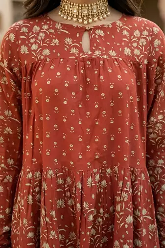 Rust floral printed anarkali kurta set for women