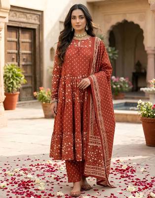 Rust floral printed anarkali kurta set for women 5