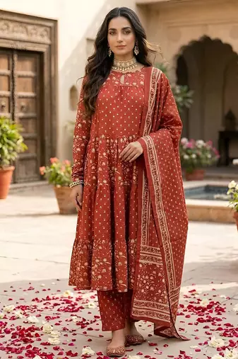 Rust floral printed anarkali kurta set for women