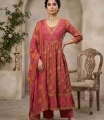 Pink floral printed anarkali kurta set for women