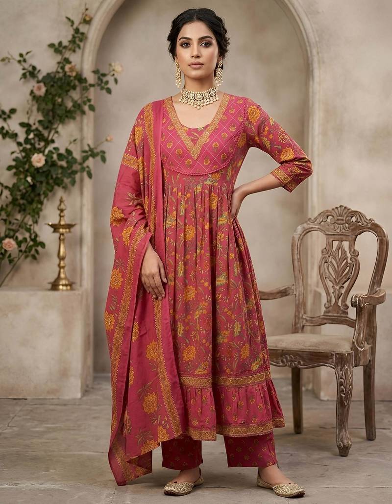 Pink floral printed anarkali kurta set for women