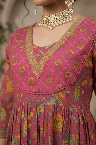 Pink floral printed anarkali kurta set for women
