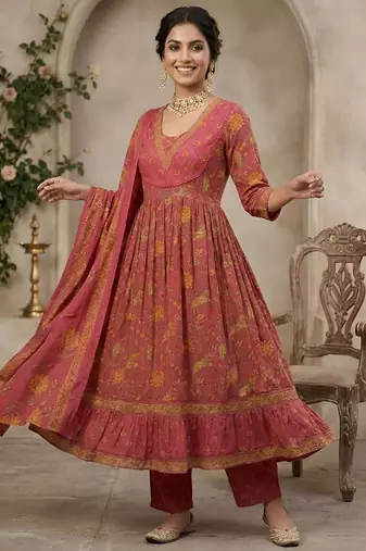 Pink floral printed anarkali kurta set for women