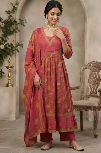 Pink floral printed anarkali kurta set for women