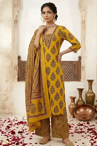 Yellow floral printed straight kurta set for women