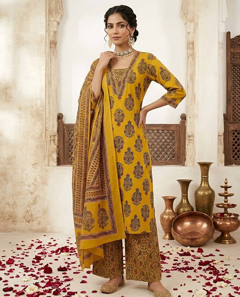 Yellow floral printed straight kurta set for women