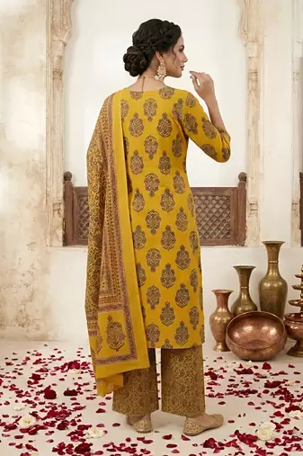 Yellow floral printed straight kurta set for women