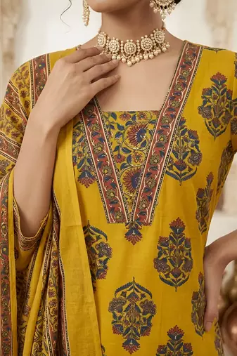 Yellow floral printed straight kurta set for women