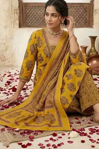 Yellow floral printed straight kurta set for women