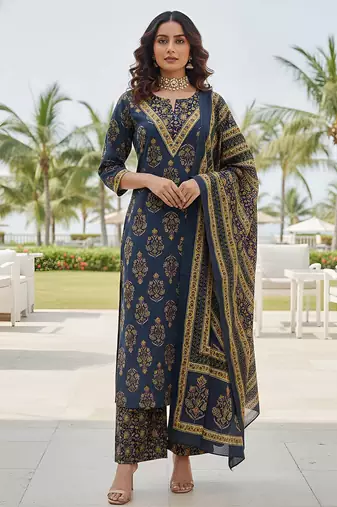 Navy blue floral printed straight kurta set for women