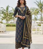 Navy blue floral printed straight kurta set for women