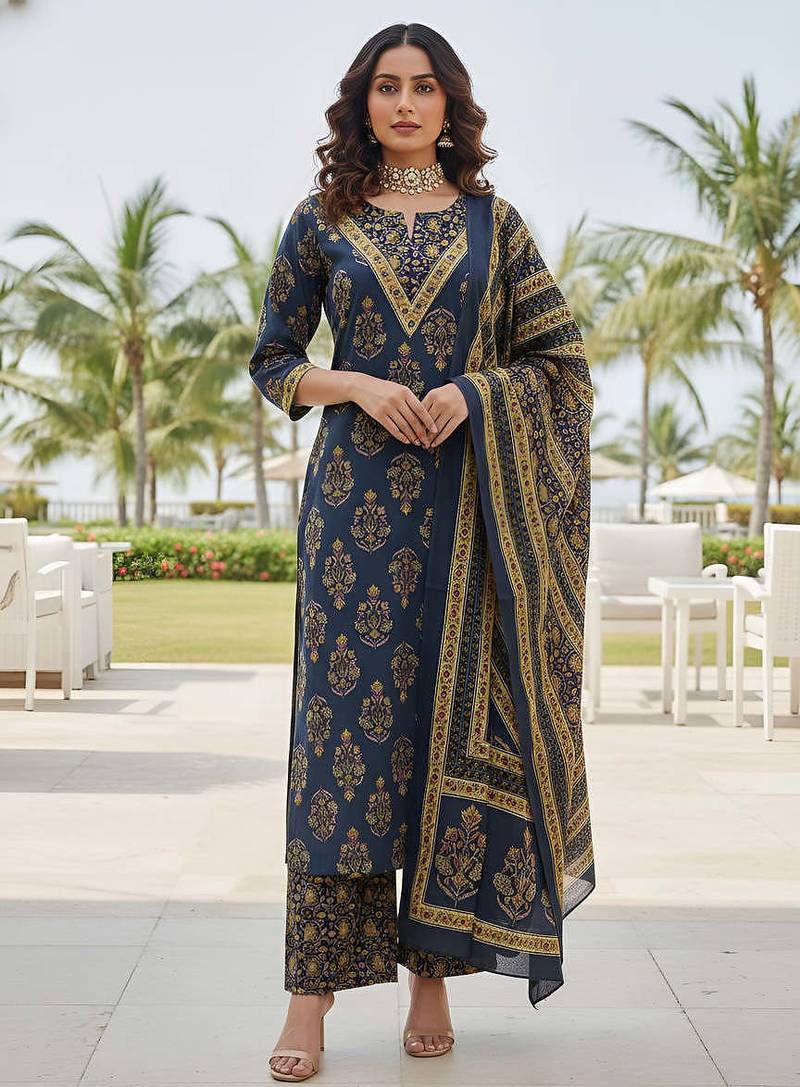 Navy blue floral printed straight kurta set for women