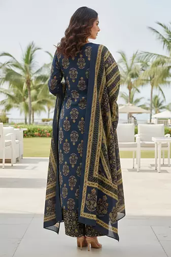 Navy blue floral printed straight kurta set for women