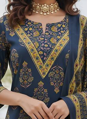 Navy blue floral printed straight kurta set for women 3