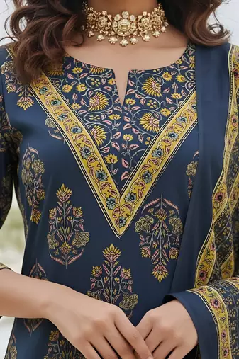 Navy blue floral printed straight kurta set for women
