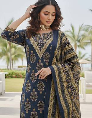 Navy blue floral printed straight kurta set for women 4